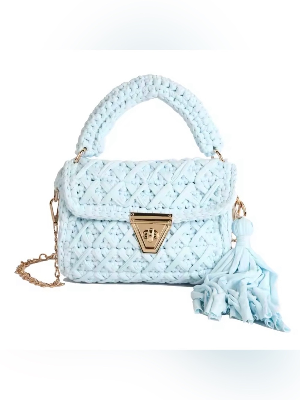 Macy's Light Blue Woven Tassel Top-Handle Crossbody Bag